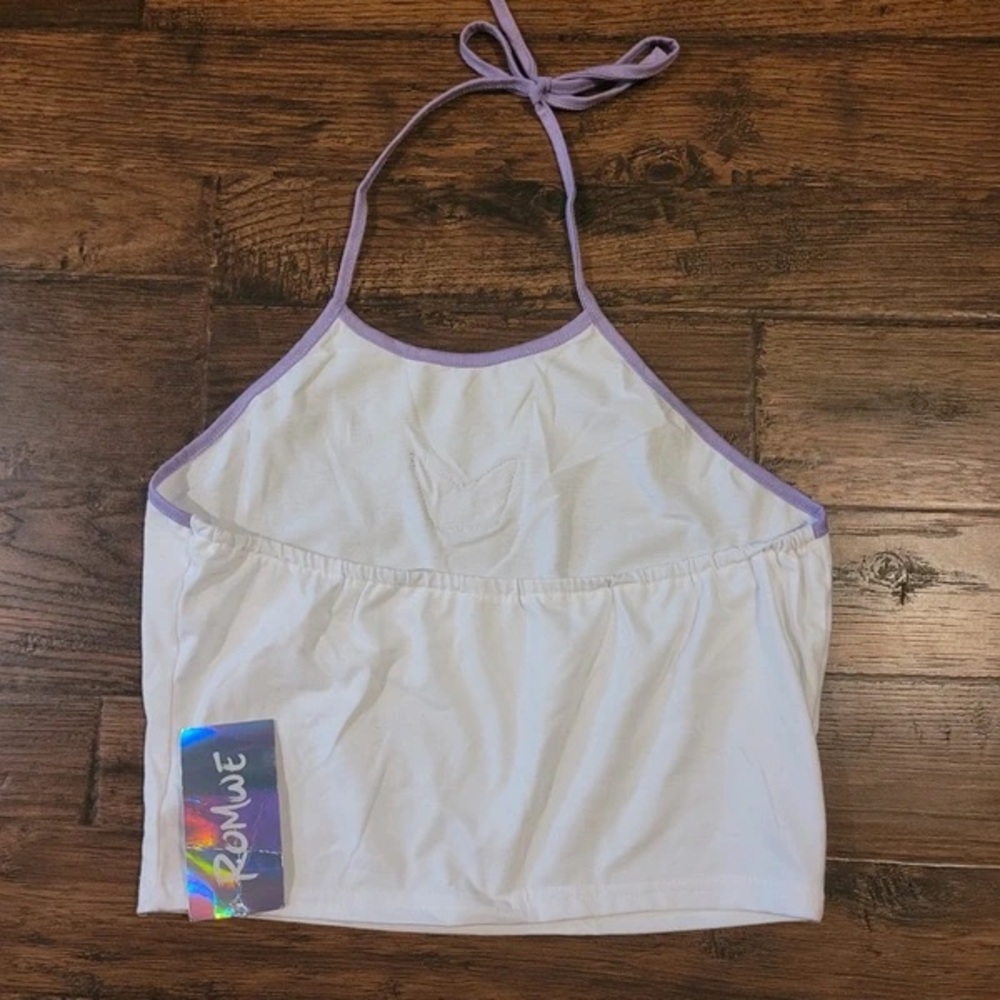 White Halter Tank Top with Lavender Trim and Butterfly Patch - Picture 3 of 4